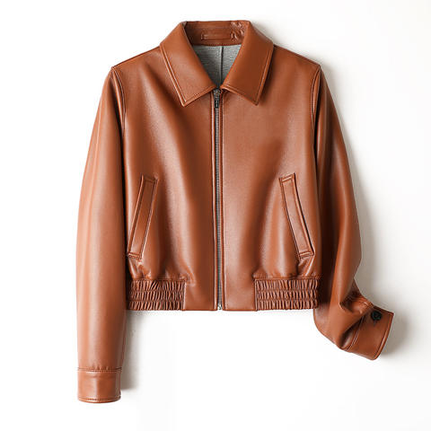 Women's genuine leather jacket - Sheepskin Yellow Brown Lapel Zipper Simple Style Short Wom | Unidekuaidi