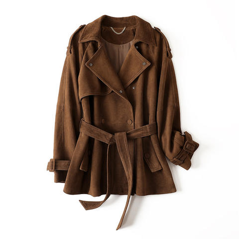 Women's genuine leather jacket - Genuine Leather Suede Lapel Double Row Buckle Tied Waist M | Unidekuaidi