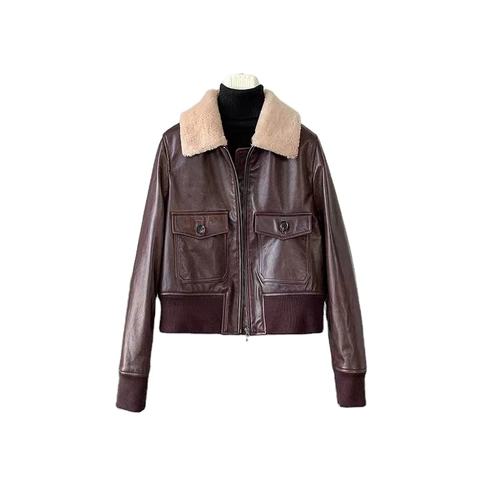 Women's genuine leather jacket - Latest Design Vintage Pocket Zipper Brown Thick Warm Real | Unidekuaidi