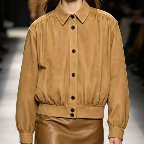 Women's genuine leather outerwear - HN662 Retro Genuine Leather Light Camel Solid Suede Goatsk | Unidekuaidi