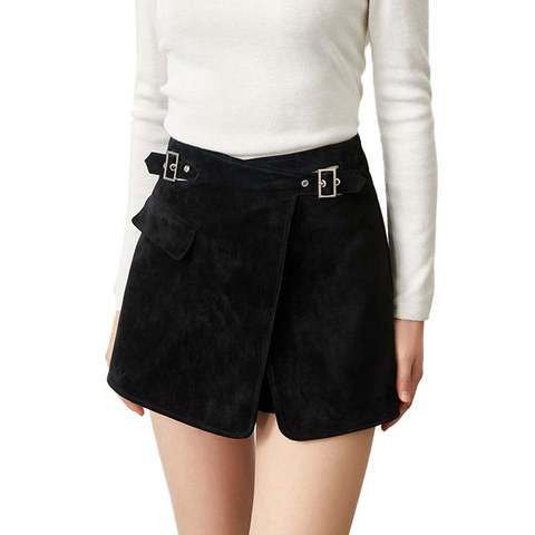 Women's genuine leather outerwear - New Trendy Women's Sheep Suede Leather Shorts High Waist C | Unidekuaidi