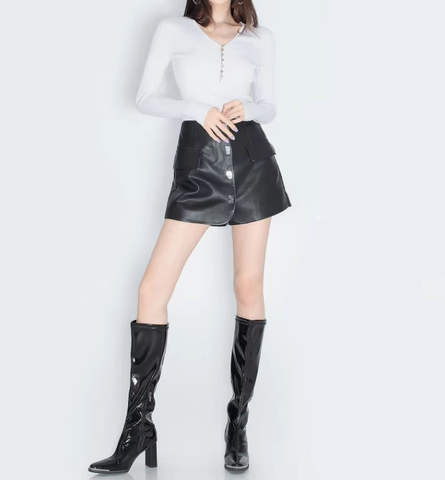 Women's genuine leather outerwear - Custom Fashionable High Waist Solid Color Leisure Black Le | Unidekuaidi