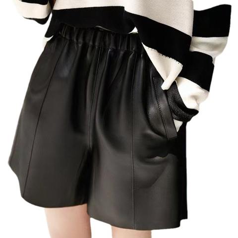 Women's genuine leather outerwear - Custom Leather Shorts Elegant Solid Color Women High Waist | Unidekuaidi