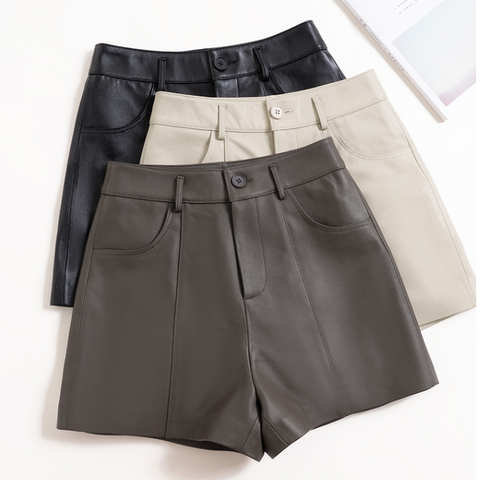 Women's genuine leather outerwear - Spring Summer Real Leather Shorts Women's Casual High Wais | Unidekuaidi