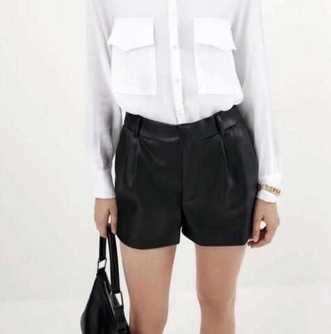 Women's genuine leather outerwear - Spring New Design High Waist Solid Color Pleated Real Leat | Unidekuaidi