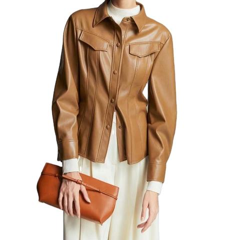 Women's genuine leather outerwear - Women Fashion Covered Button Long Sleeves Slim Casual Real | Unidekuaidi