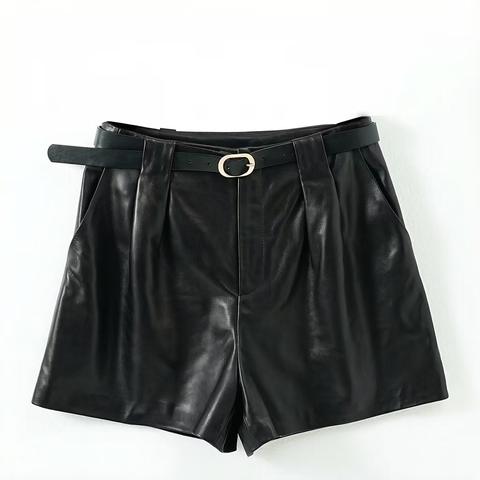 Women's genuine leather outerwear - Women's High Waist Loose Sheepskin Leather Five-Point Shor | Unidekuaidi
