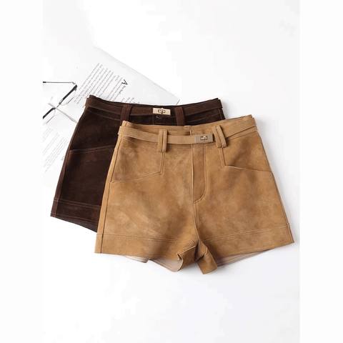 Women's genuine leather outerwear - HN6601 Vintage Goat Leather Suede Texture Shorts Genuine L | Unidekuaidi