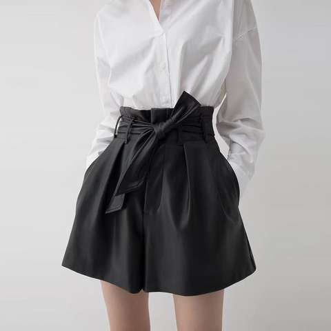 Women's genuine leather pants - Summer Women's High Waist Genuine Sheepskin Shorts Women H | Unidekuaidi
