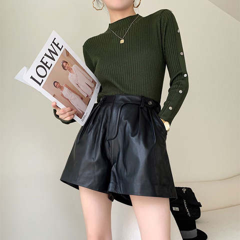 Women's genuine leather pants - New Arrival Elastic Waist Leather Wide Leg Shorts Real She | Unidekuaidi