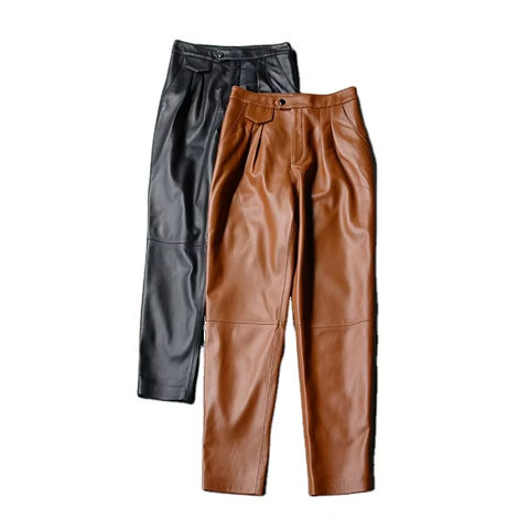Women's genuine leather pants - High Waist Lambskin Narrow Leg Awl Pants With Pocket Hot D | Unidekuaidi