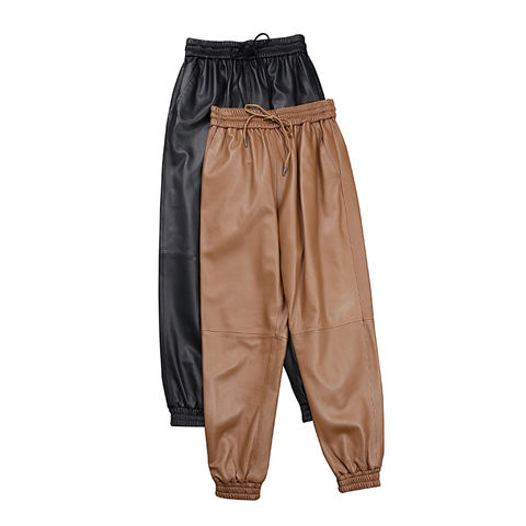 Women's genuine leather pants - New Fashion Athflow Versatile Elastic Waist Lambskin Loose | Unidekuaidi