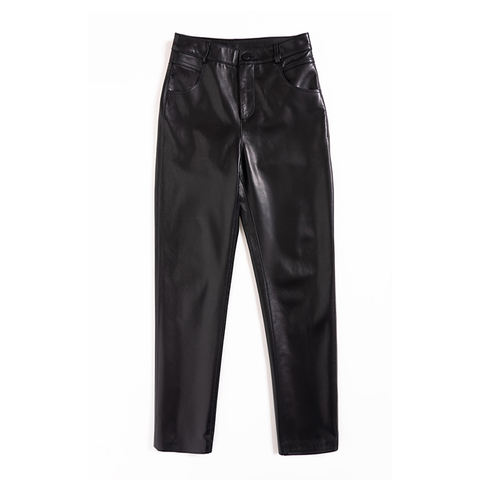 Women's genuine leather pants - Fashion Concise Style Casual Black Cropped Sheepskin Leath | Unidekuaidi
