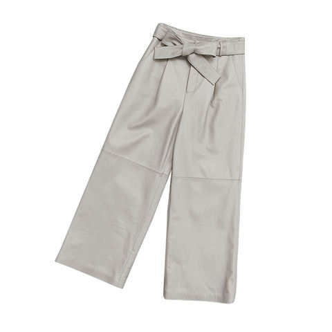 Women's genuine leather pants - French Chic Sheep-skin Wide Leg Trousers With Bow Belt Gen | Unidekuaidi