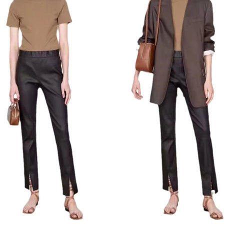 Women's genuine leather pants - New Style Custom Street Wear Straight Slim Front Slit Blac | Unidekuaidi