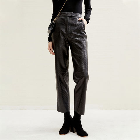 Women's genuine leather pants - Hot Sell Fashion Straight Leg Leather Pants High Waisted C | Unidekuaidi