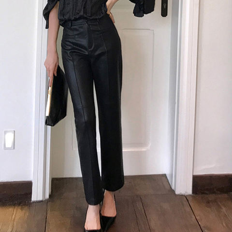 Women's genuine leather pants - Mid-rise Vertical Stripe Casual Slim Fitting Straight Leg | Unidekuaidi