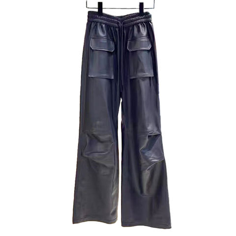 Women's genuine leather pants - Latest Design Popular Mid Waist Loose Black Straight Genui | Unidekuaidi