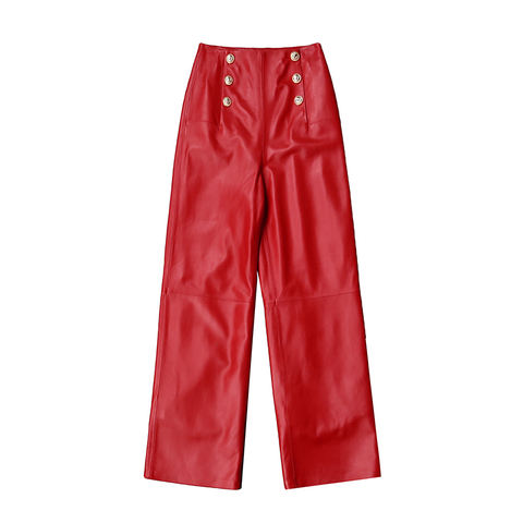 Women's genuine leather pants - New Golden Buttons High Waist Straight Leg Pants Women Gen | Unidekuaidi