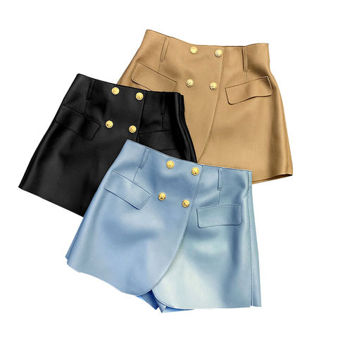 Women's genuine leather pants - Genuine Sheepskin Golden Button Women Culotte Street Wear | Unidekuaidi