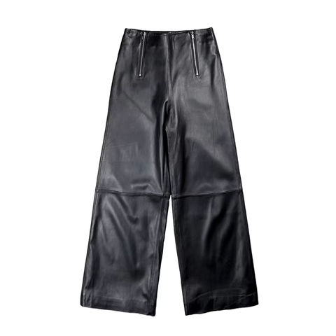 Women's genuine leather pants - High Quality Classic Ladies Wide Leg Black Real Sheepskin | Unidekuaidi