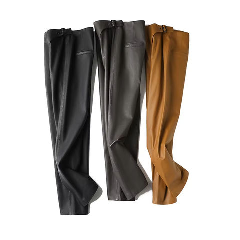 Women's genuine leather pants - Wholesale Ladies Leather Trouser Fashionable Side Button B | Unidekuaidi