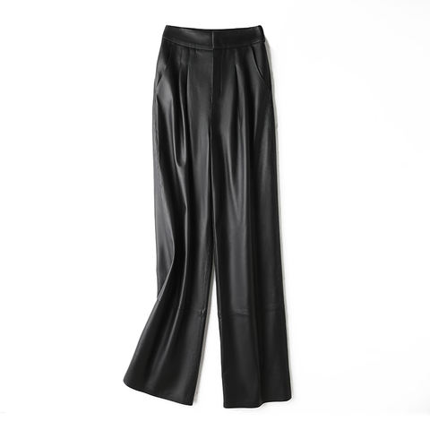 Women's genuine leather pants - Fashionable Black Straight Style Wide Leg Loose Casual Rea | Unidekuaidi