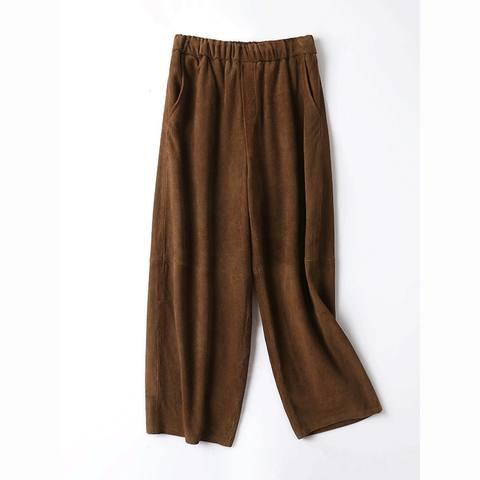 Women's genuine leather pants - HN3661-3 Women's Lambskin Suede Relaxed Wide-Leg Carrot Pa | Unidekuaidi