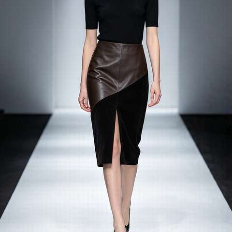 Women's genuine leather skirt - HN2093 Micro Stretch Spliced Suede Front Slit Back Elastic | Unidekuaidi