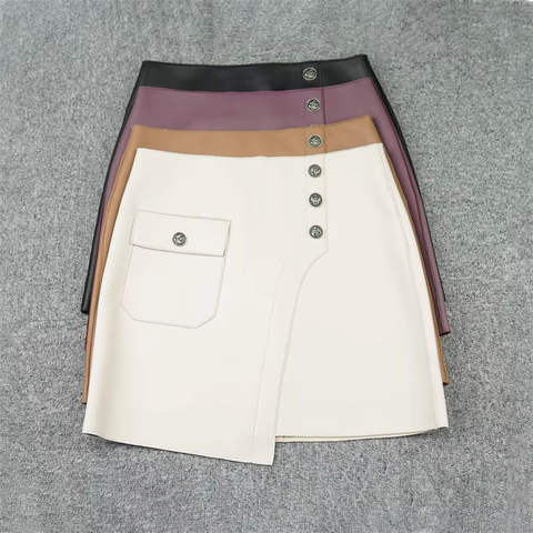 Women's genuine leather skirt - Fashionable Hot Sale Splice Pocket Button Mini Asymmetrica | Unidekuaidi