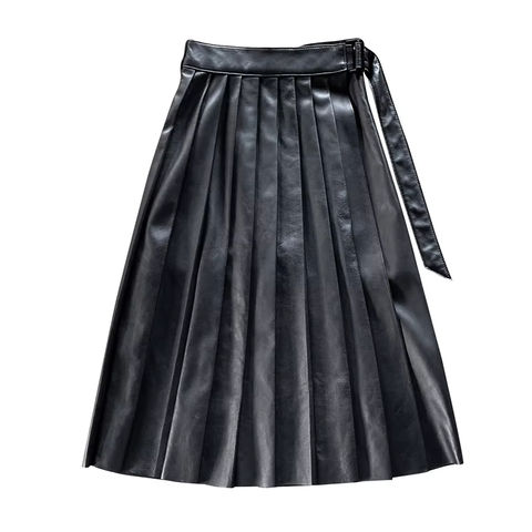 Women's genuine leather skirt - Women Real Leather Skirt Pleated Zippers Black Sheepskin S | Unidekuaidi