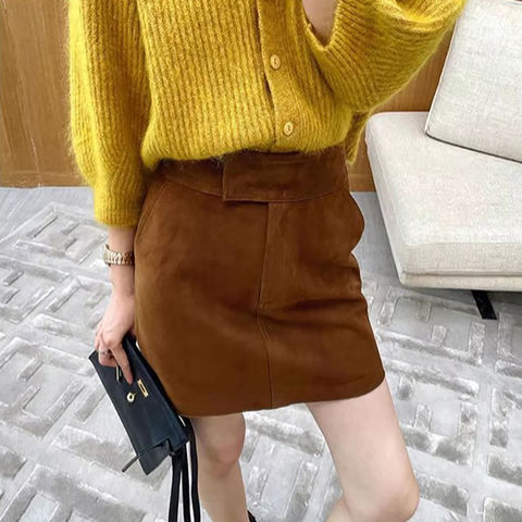 Women's genuine leather skirt - Wholesale Winter High Waist Short Brown Genuine Sheep Sued | Unidekuaidi