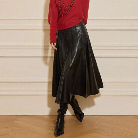 Women's genuine leather skirt - HN5364 French Elegance Women's Semi-Tanned Sheepskin Midi | Unidekuaidi