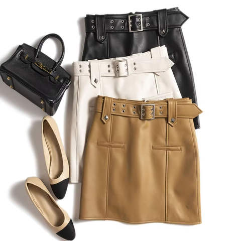 Women's genuine leather skirt - Vintage Design Sheepskin Leather Skirt for Women Fall Adju | Unidekuaidi