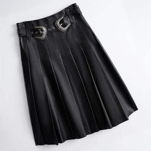 Women's genuine leather skirt - Fashion High Quality Elegant A-Line High Waist Black Pleat | Unidekuaidi