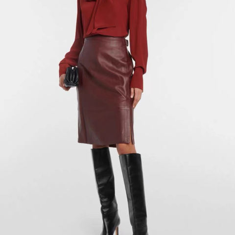 Women's genuine leather skirt - New Design Stylish Elastic Waist Plain Mid Red Genuine Lea | Unidekuaidi