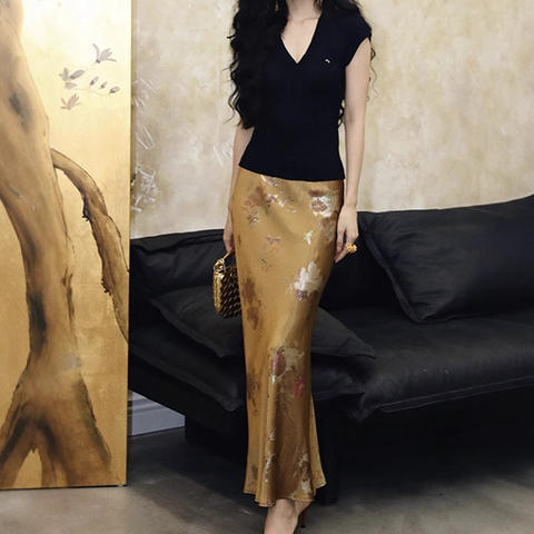 Women's genuine leather skirt - Chinese Style Flower Pattern Print Slightly Elastic Satin | Unidekuaidi