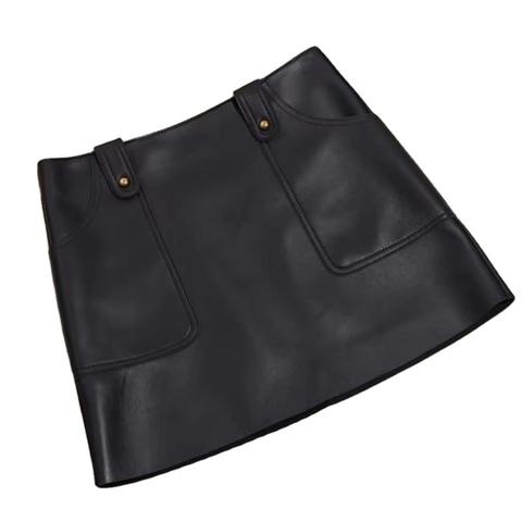 Women's genuine leather skirt - Spring Summer Black Dual Pocket Women A-Line Highwaist Gen | Unidekuaidi