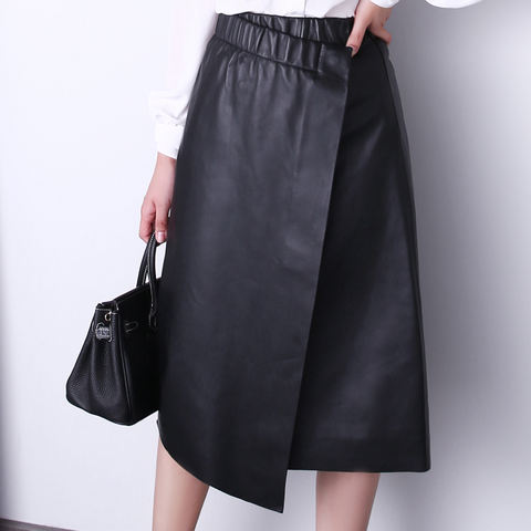 Women's genuine leather skirt - French Chic Asymmetrical Knee Length Wrap Skirt Layer Shee | Unidekuaidi