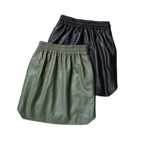 Women's genuine leather skirt - Custom Streetwear Skirts Green Elastic Waist Casual Genuin | Unidekuaidi