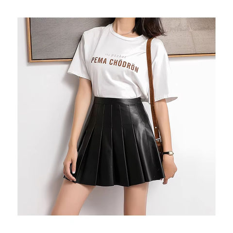 Women's genuine leather skirt - Sample Available Black High Waist Pleated a Line Genuine L | Unidekuaidi