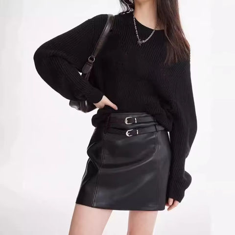 Women's genuine leather skirt - Fashion Design Solid Color Slim Elegant Dual Belt Real Lea | Unidekuaidi