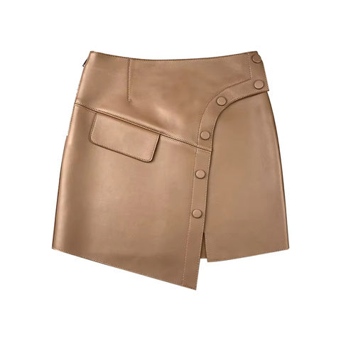 Women's genuine leather skirt - Autumn and Winter New Versatile Asymmetrical Buttons Custo | Unidekuaidi