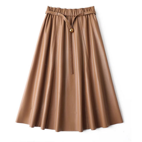 Women's genuine leather skirt - Spring New Style Causal Sheepskin Elastic Waist Belt Long | Unidekuaidi