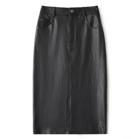 Women's genuine leather skirt - New Arrival Elastic Leather Front Split Sheepskin Mid Leng | Unidekuaidi