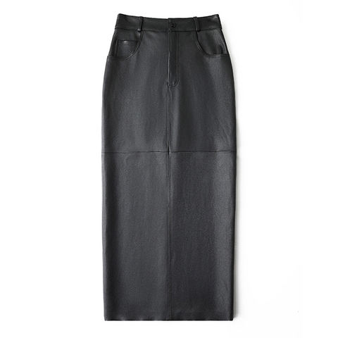 Women's genuine leather skirt - New Arrival Black Mid Waist Split Hip Hugging Elastic Shee | Unidekuaidi