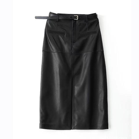 Women's genuine leather skirt - Wholesale Price Solid Color Front Split Straight Style Lon | Unidekuaidi