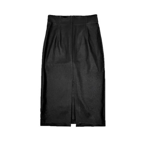 Women's genuine leather skirt - New Fashion Midi Leather Skirt Wrap Front Slit Elastic Gen | Unidekuaidi