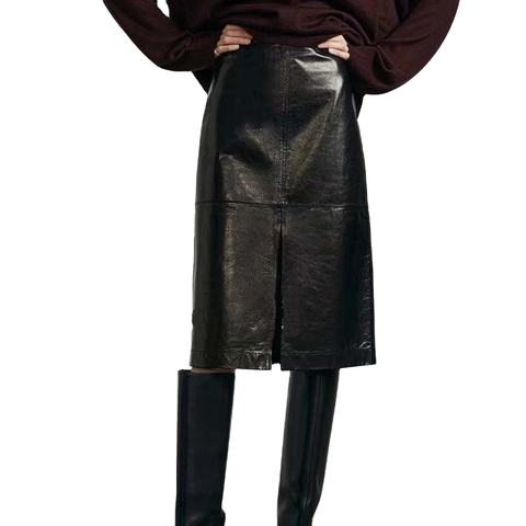 Women's genuine leather skirt - Trending Products 2026 New Arrivals Front Split Black Cows | Unidekuaidi