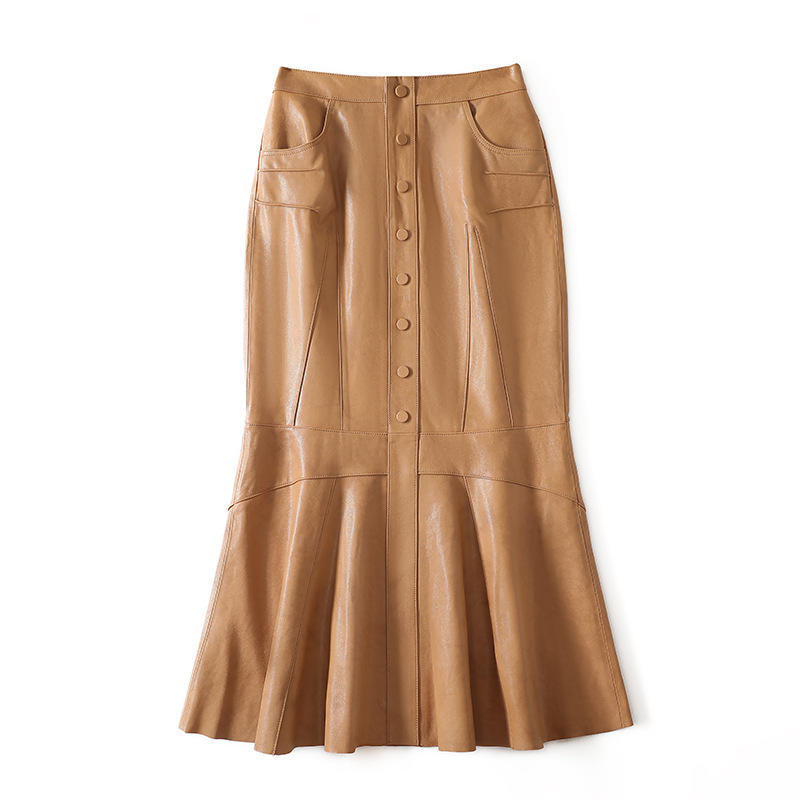 Women's genuine leather skirt - New High Waisted Sheepskin Snowflake Vegetable Tanned Retr | Unidekuaidi